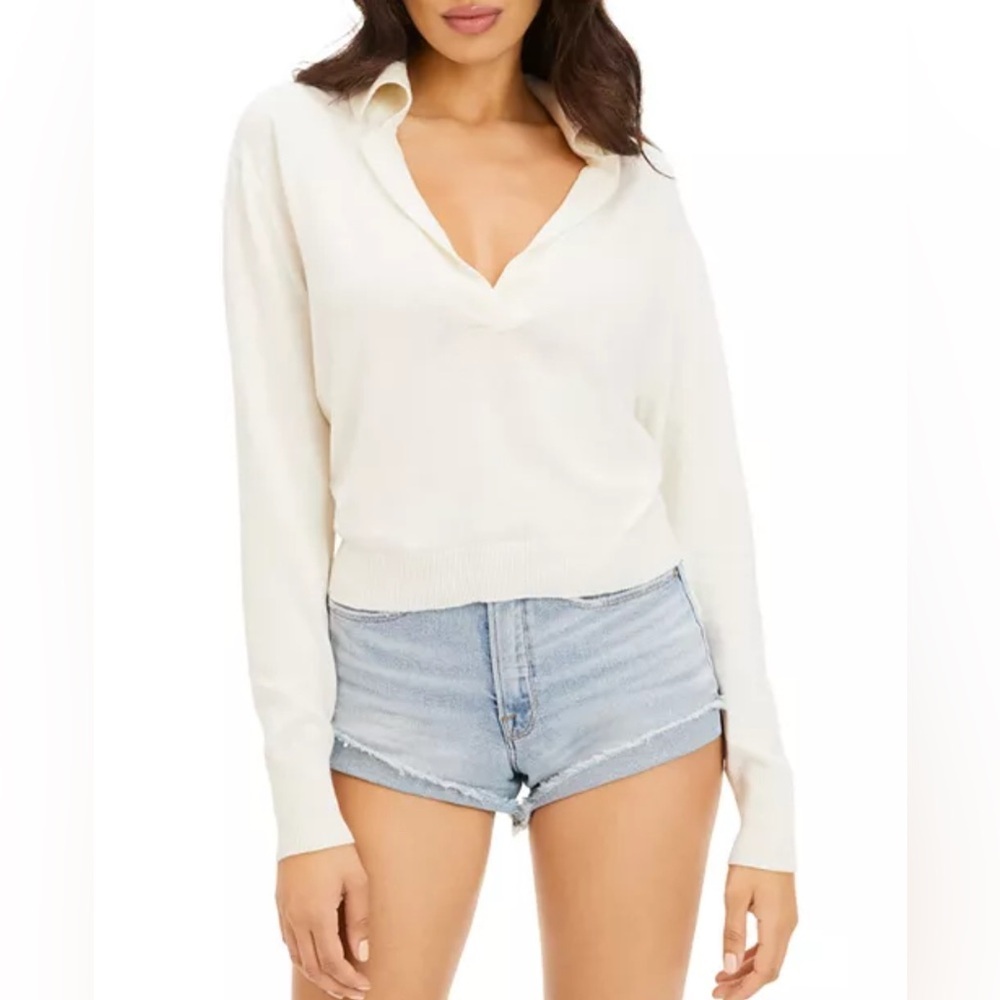 NEW GOOD AMERICAN sheer collared V neck  longsleeve top large